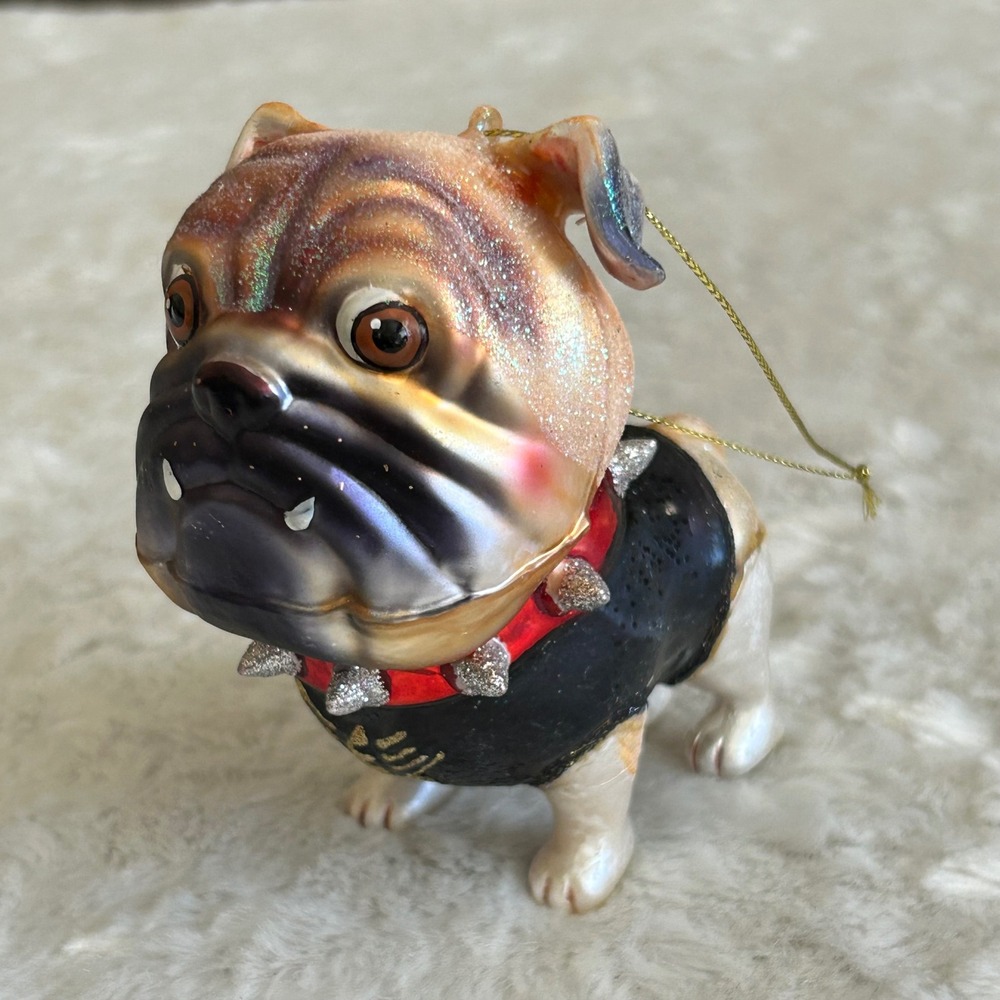 Hand-Blown Glass Bulldog Ornament Spiked Collar Biker Dog Lover